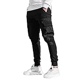 whitzard Herren Cargo Hose mit Taschen Einfärbig Relaxed Gummiband Kordelzug Mittlere Taille Lässige Lange Jogger Frachthose Verdickte Men Pants Cargohose (Sport Cargo Schwarz, L)